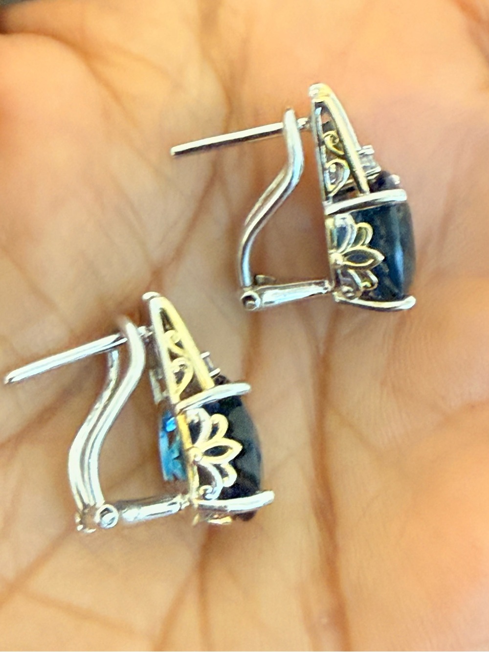 Genuine London Blue Topaz Sterling Silver 925 Two-Tone Leverback Earrings - Picture 3 of 11